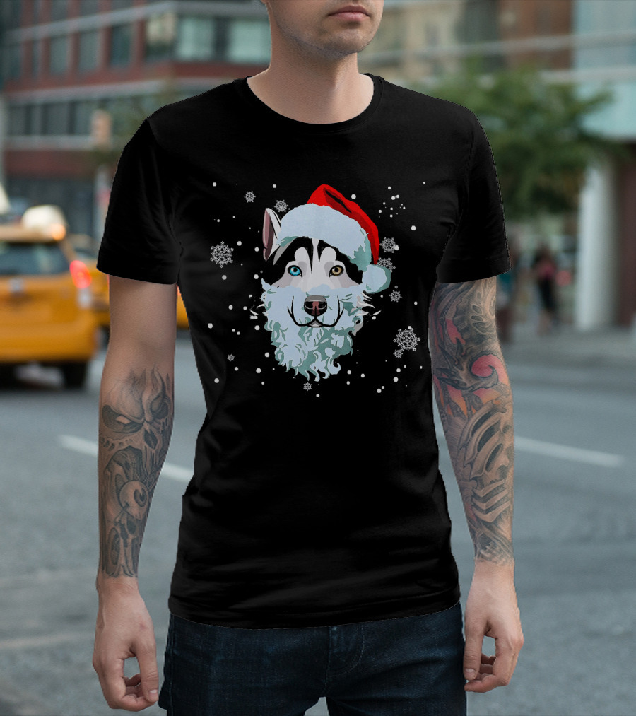 Ugly Xmas Husky Owner Santa Hat Snowflakes T-Shirt