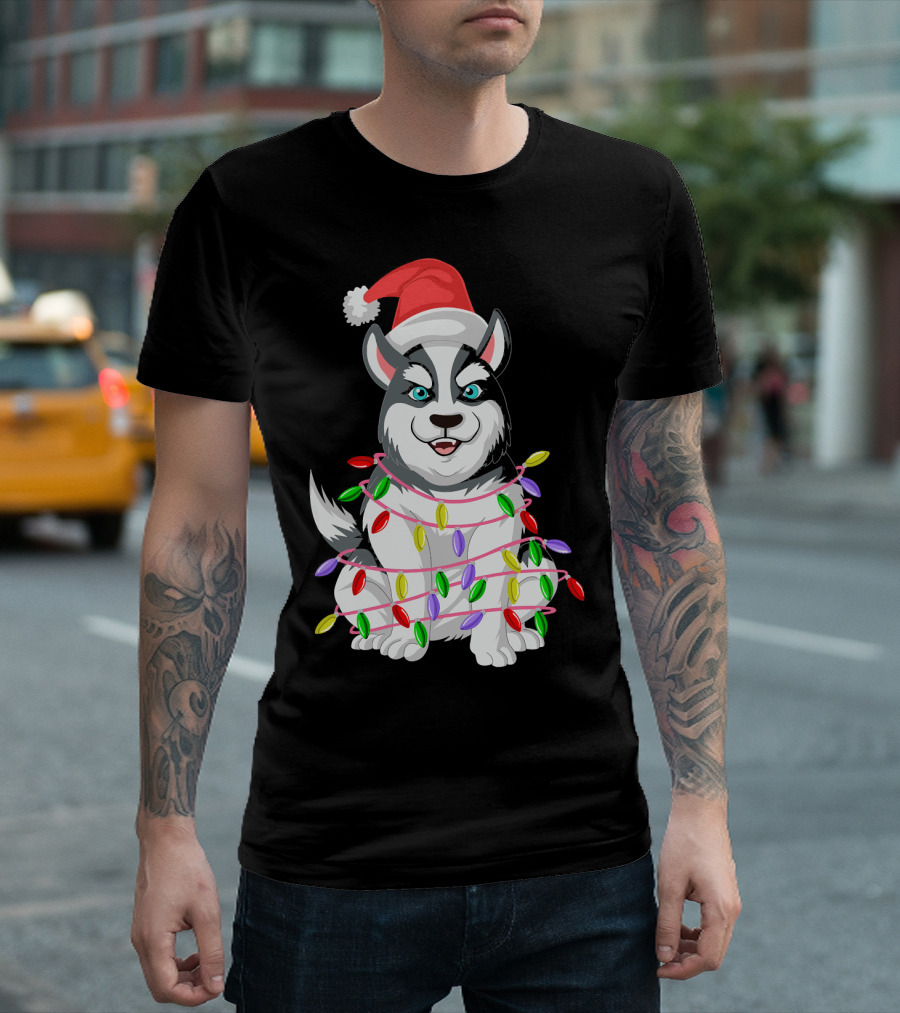 Siberian Husky Santa Wrapped in Christmas Tree Lights T-Shirt