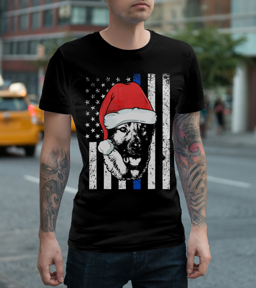 Thin Blue Line Christmas German Shepherd Santa Hat Flag T-Shirt