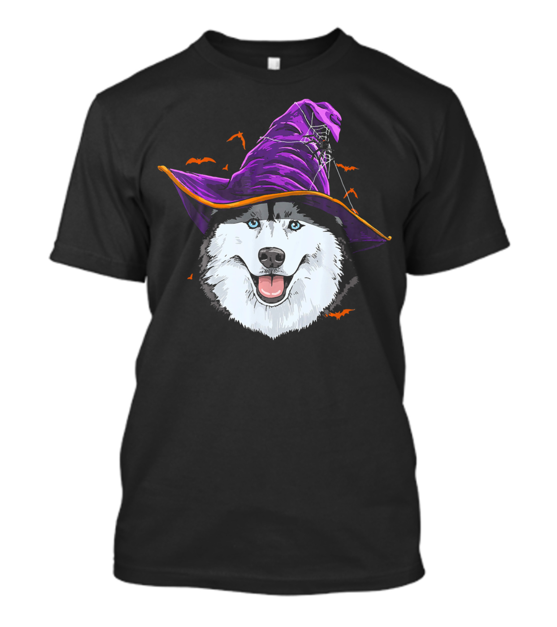 Siberian Husky Wearing Purple Witch Hat With Flying Bats T-Shirt