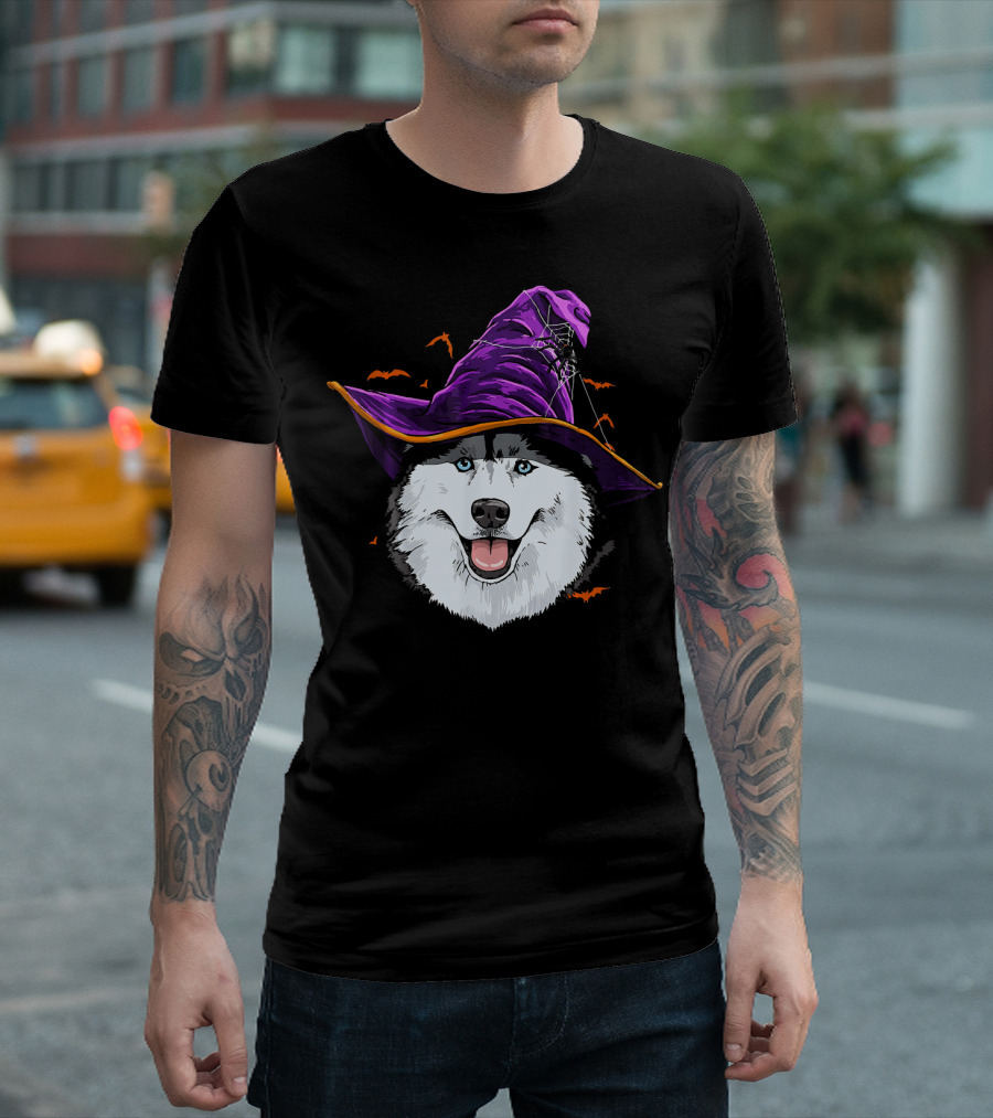 Siberian Husky Wearing Purple Witch Hat With Flying Bats T-Shirt