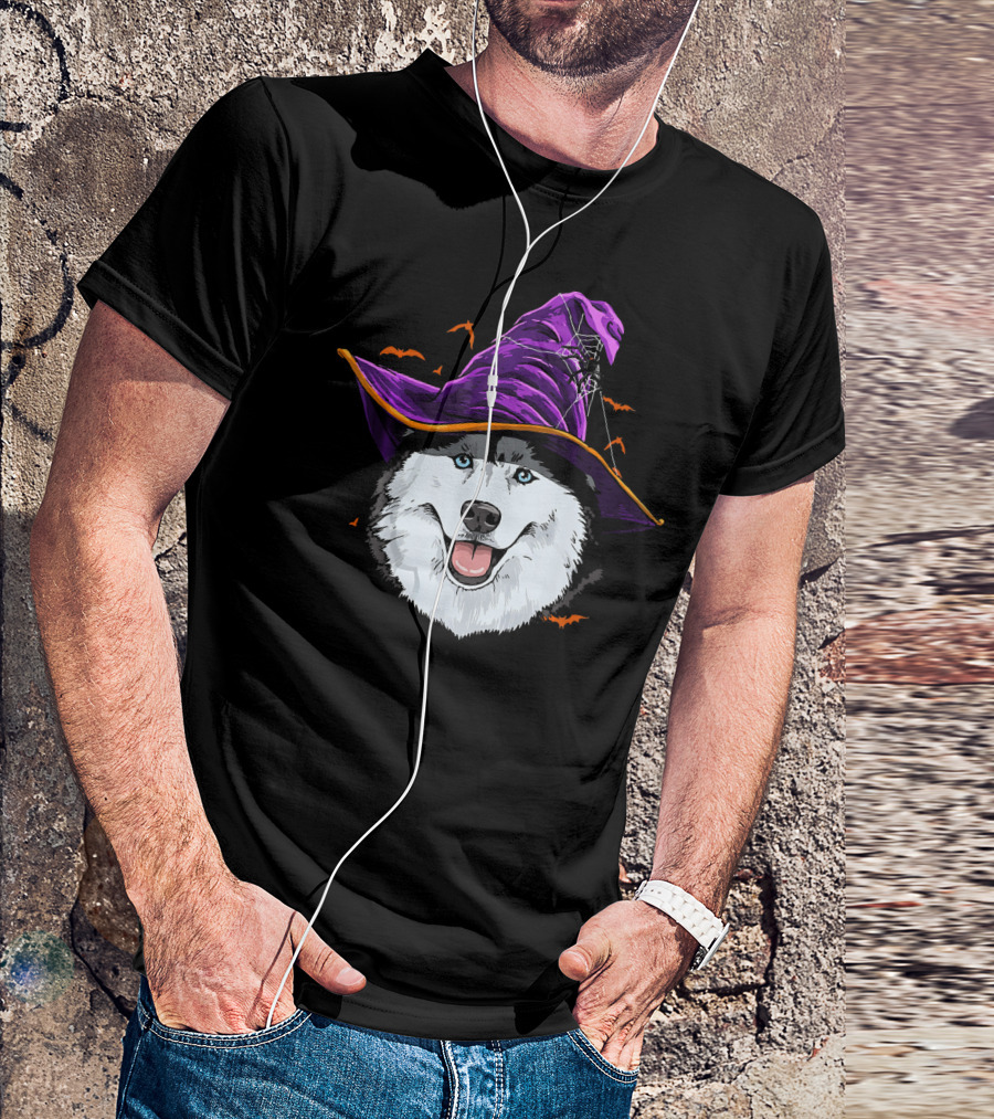 Siberian Husky Wearing Purple Witch Hat With Flying Bats T-Shirt