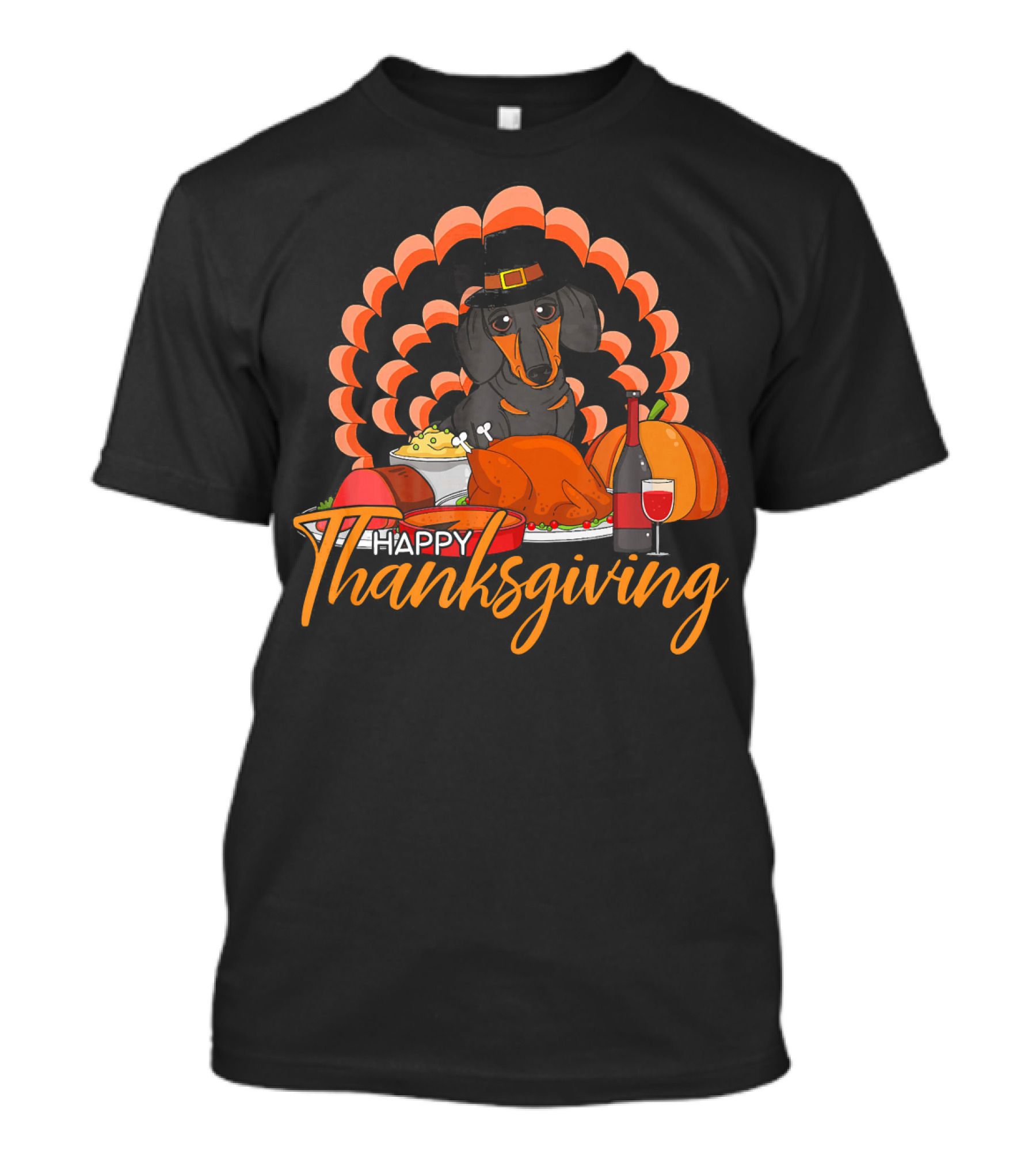 Happy Thanksgiving Turkey Dachshund With Wine And Pumpkin T-Shirt