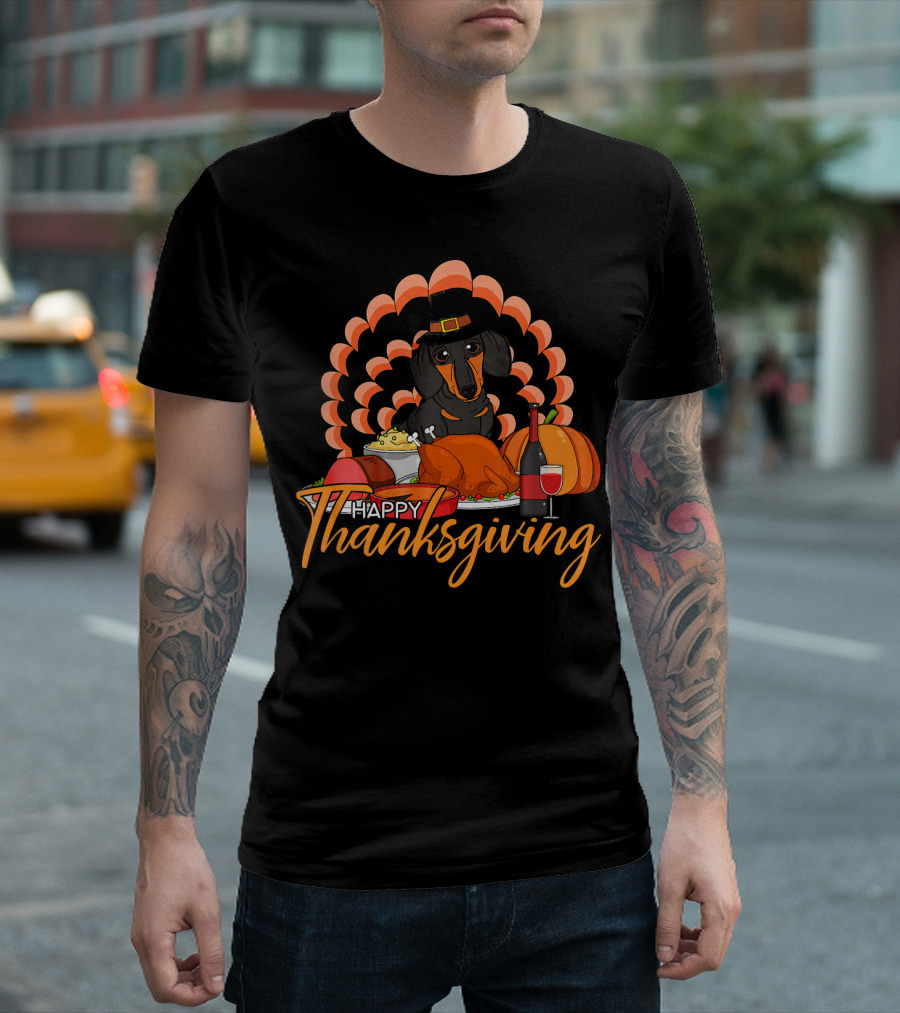 Happy Thanksgiving Turkey Dachshund With Wine And Pumpkin T-Shirt