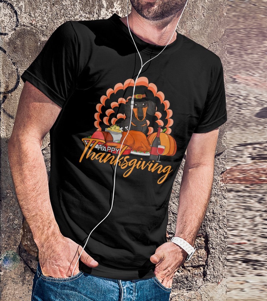 Happy Thanksgiving Turkey Dachshund With Wine And Pumpkin T-Shirt