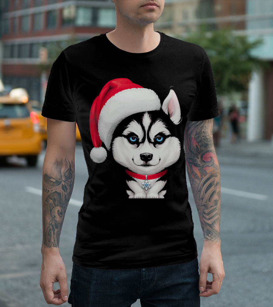 Siberian Husky in Santa Hat with Red Collar and Blue Eyes T-Shirt