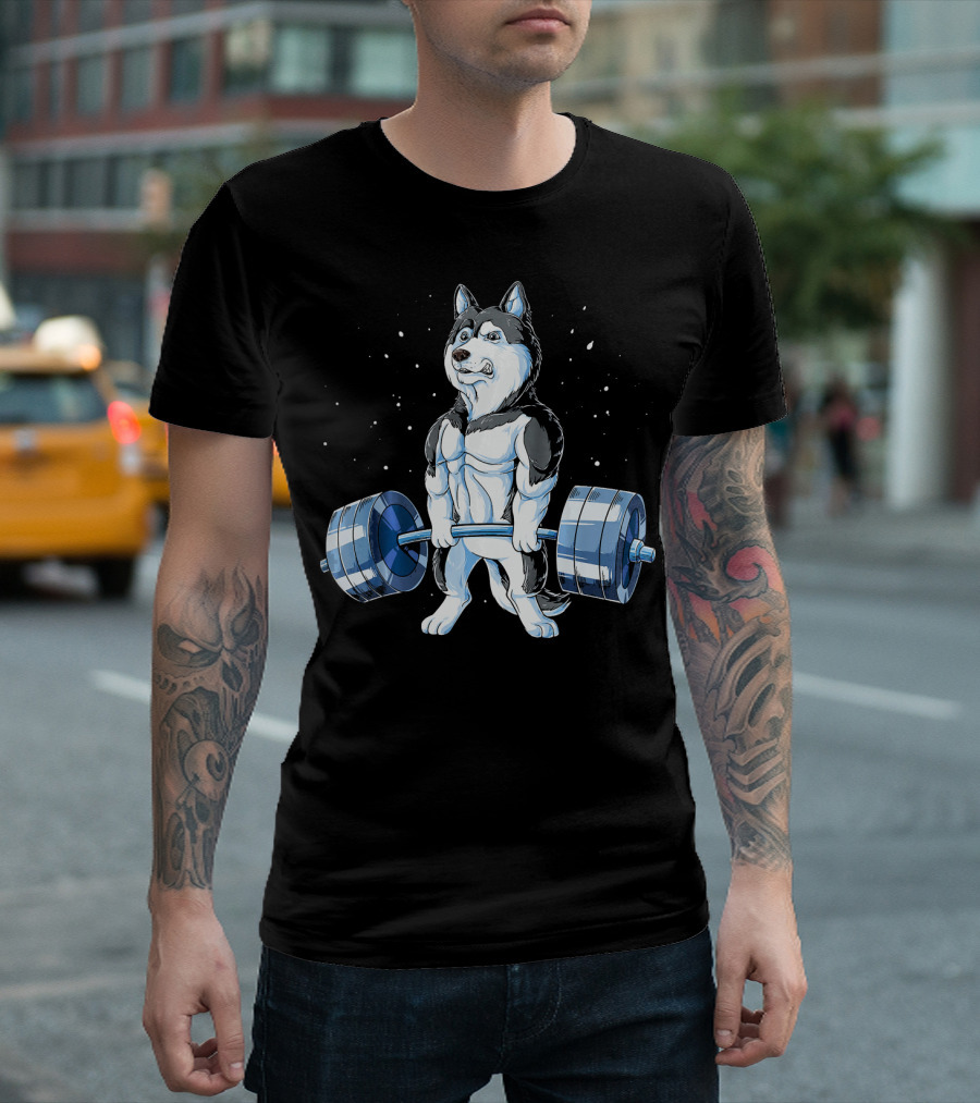 Siberian Husky Weightlifting Funny Deadlifts Cartoon Husky with Barbell T-Shirt