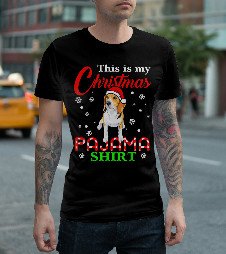 This Is My Christmas Pajama Shirt Beagle Snowflakes Santa Hat T-Shirt