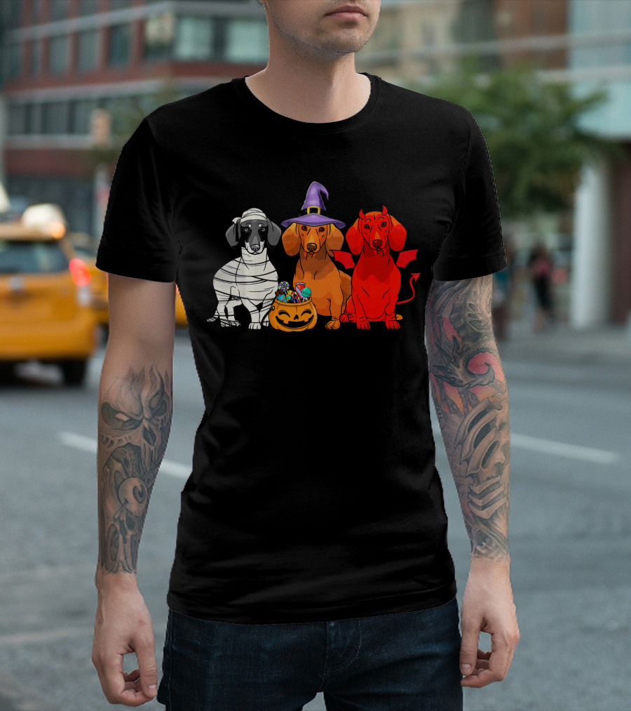 Three Dachshund Dog Mummy Witch Devil Halloween T-Shirt
