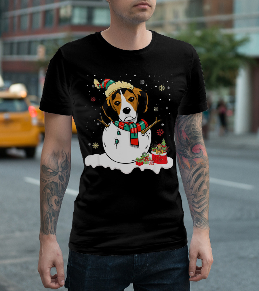 Snowman Beagle Lover Merry Christmas Festive Holiday Snowflakes T-Shirt