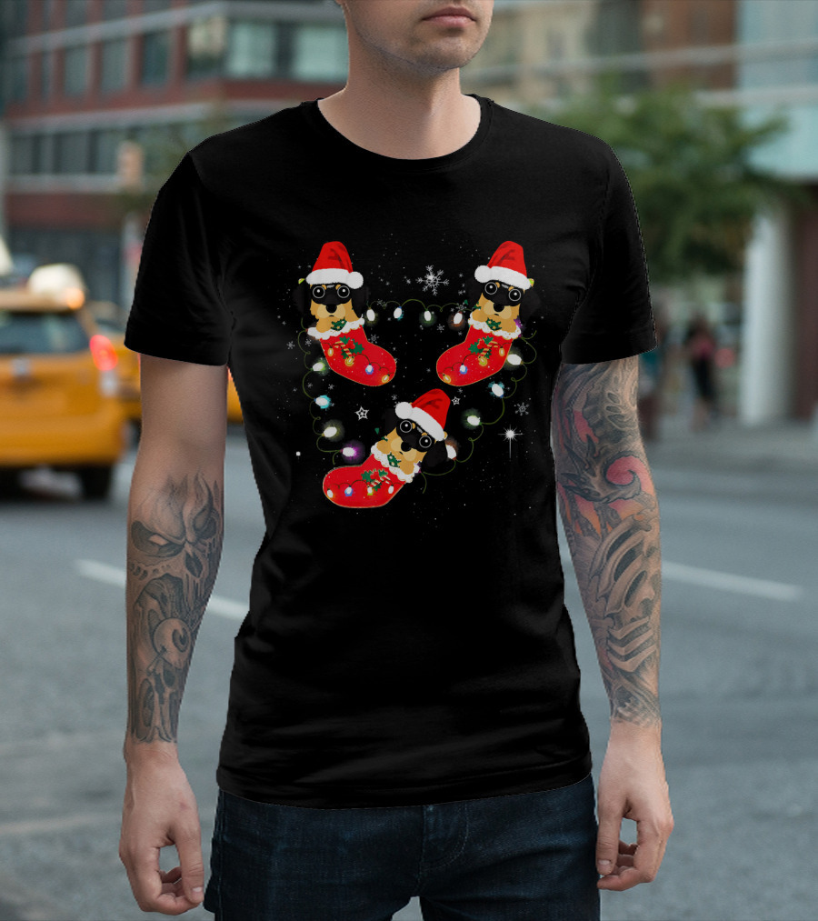 Three Dachshund Christmas Stockings Santa Hats Festive Lights Snowflakes T-Shirt
