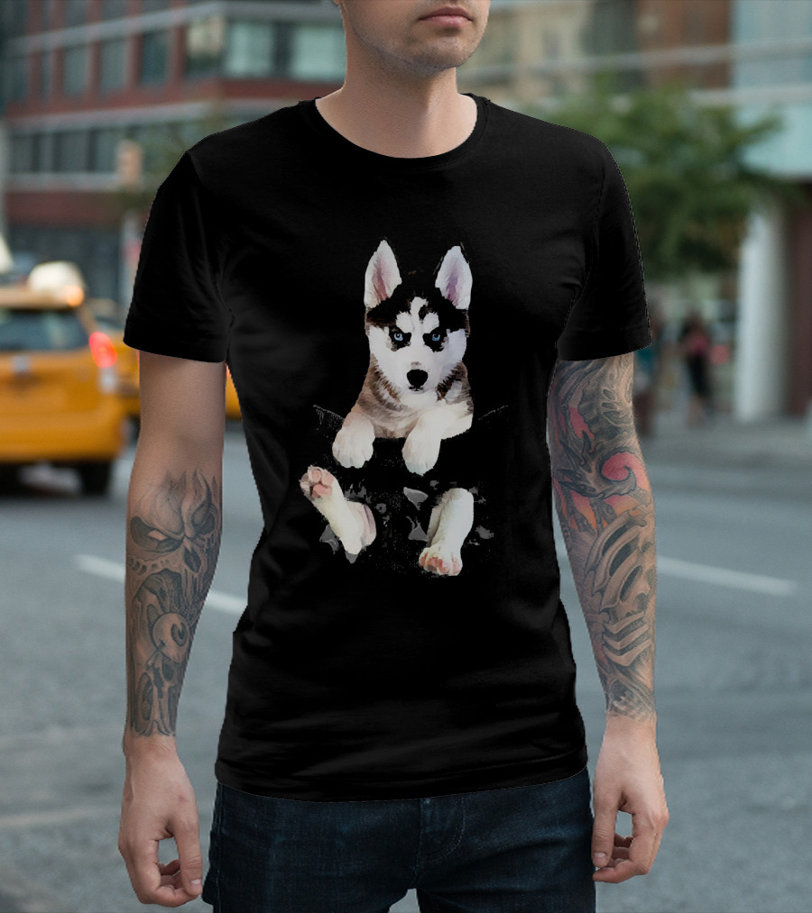 Siberian Husky Puppy in Pocket T-Shirt