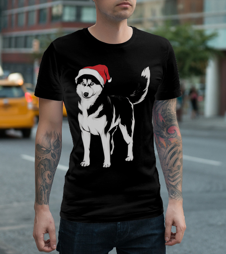 Siberian Husky in Santa Christmas Hat Holiday T-Shirt