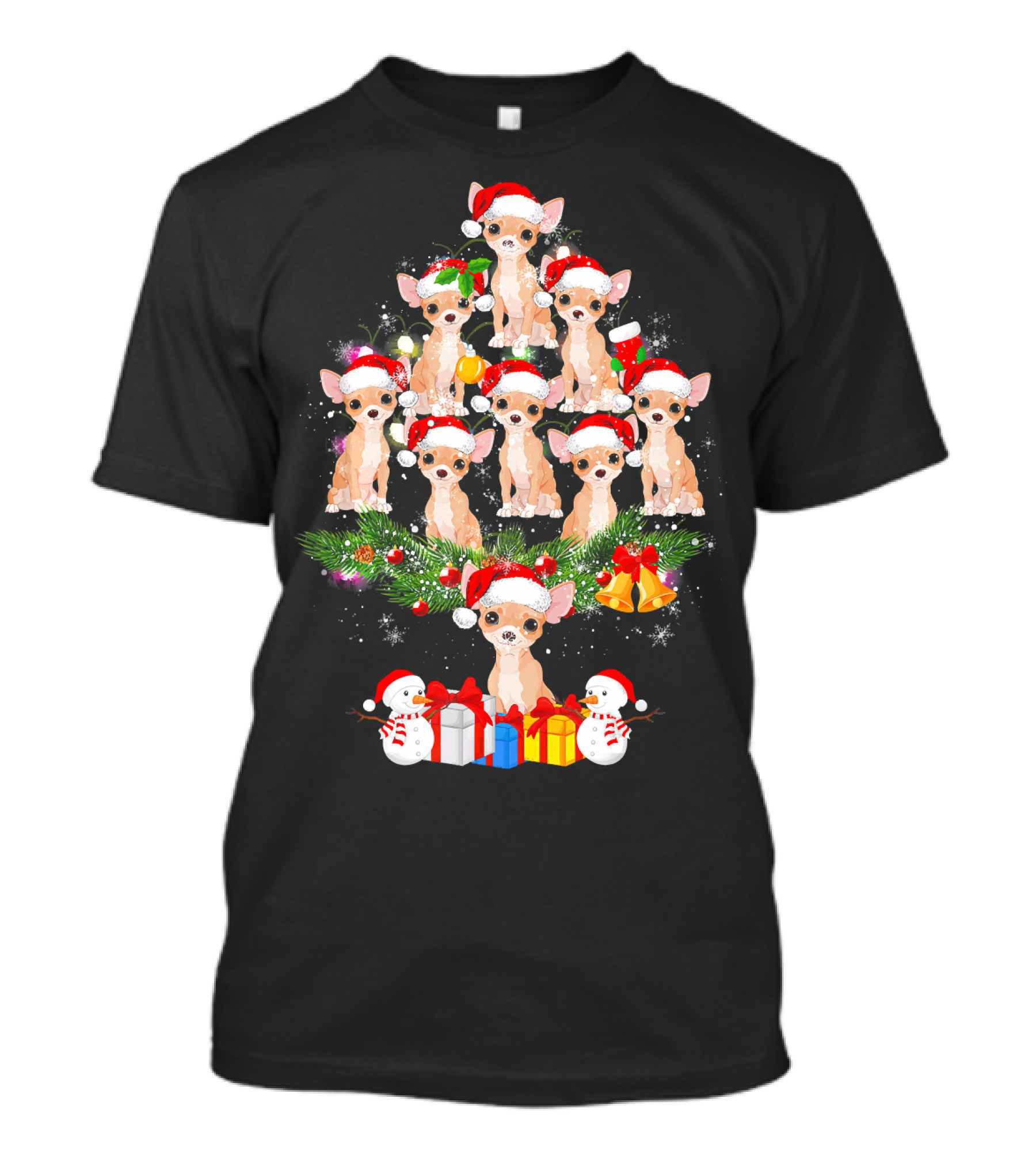 Chihuahua Christmas Tree Santa Hat With Presents And Snowmen T-Shirt