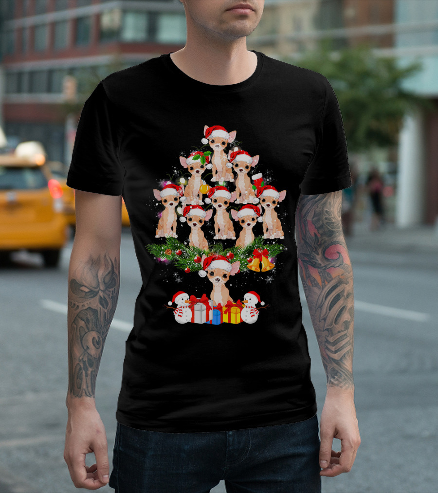 Chihuahua Christmas Tree Santa Hat With Presents And Snowmen T-Shirt