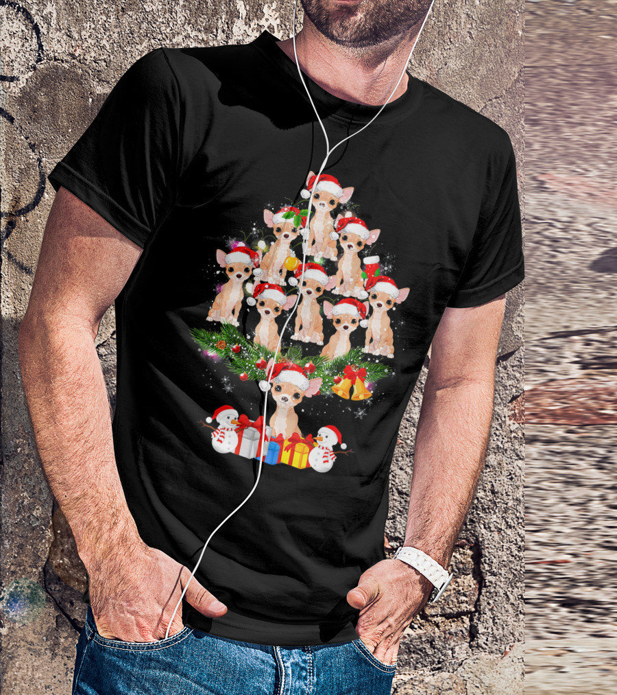 Chihuahua Christmas Tree Santa Hat With Presents And Snowmen T-Shirt