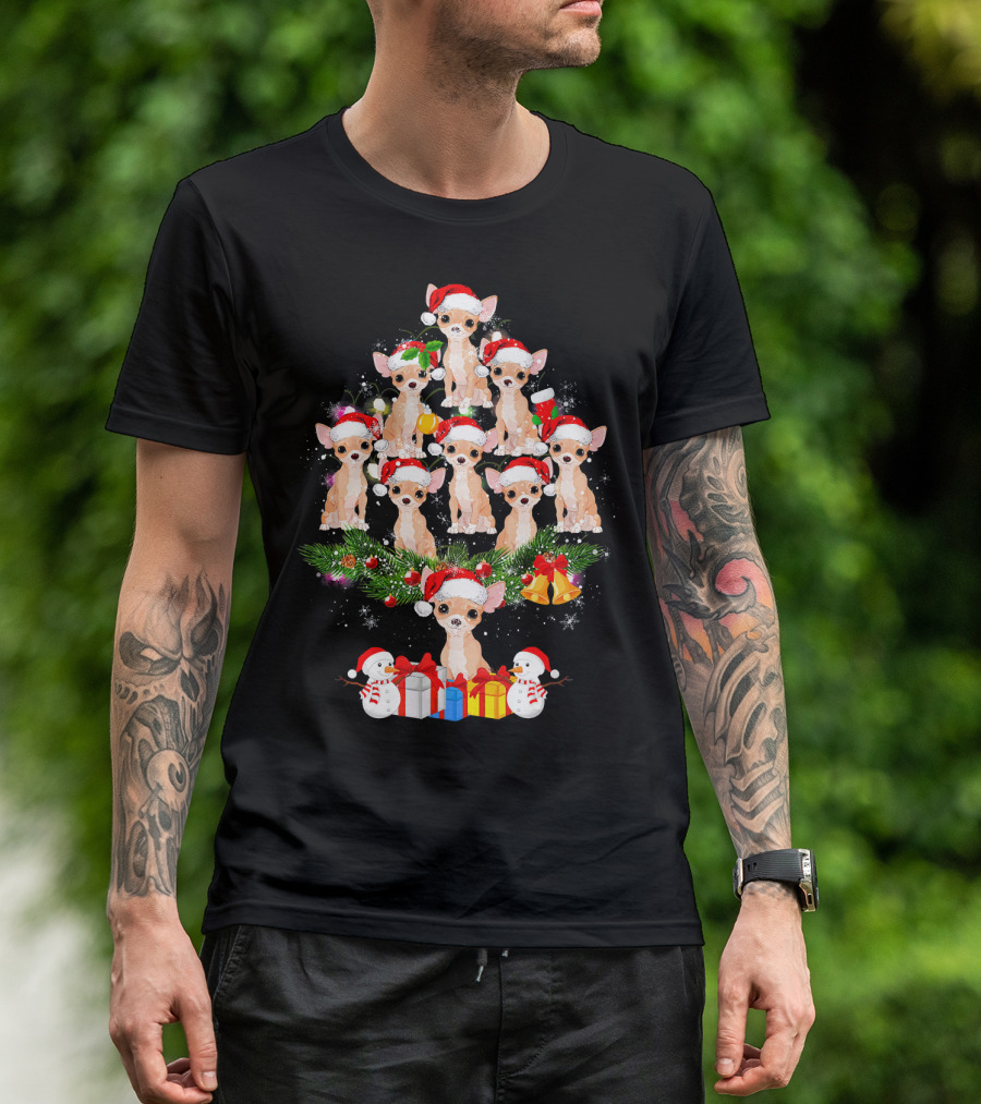 Chihuahua Christmas Tree Santa Hat With Presents And Snowmen T-Shirt
