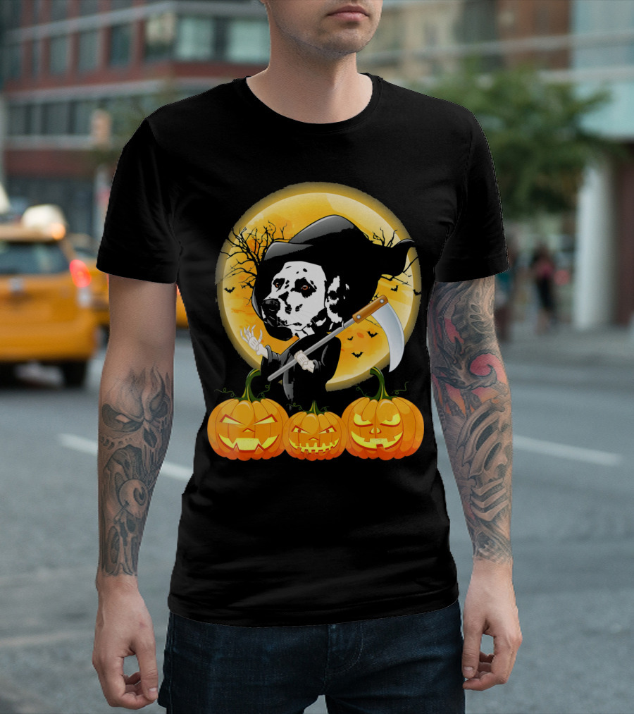 Cute Dalmatian Grim Reaper with Pumpkins and Moon T-Shirt