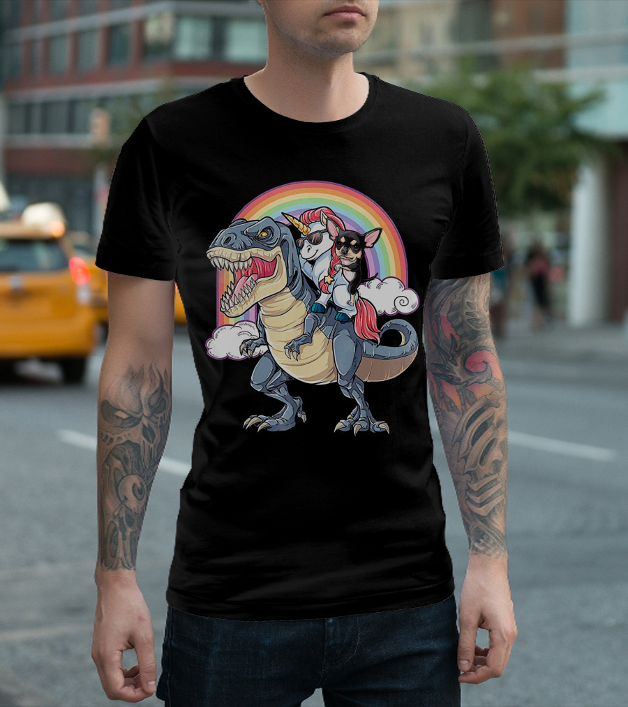 Chihuahua And Unicorn Ride Rex With Rainbow Magic T-Shirt