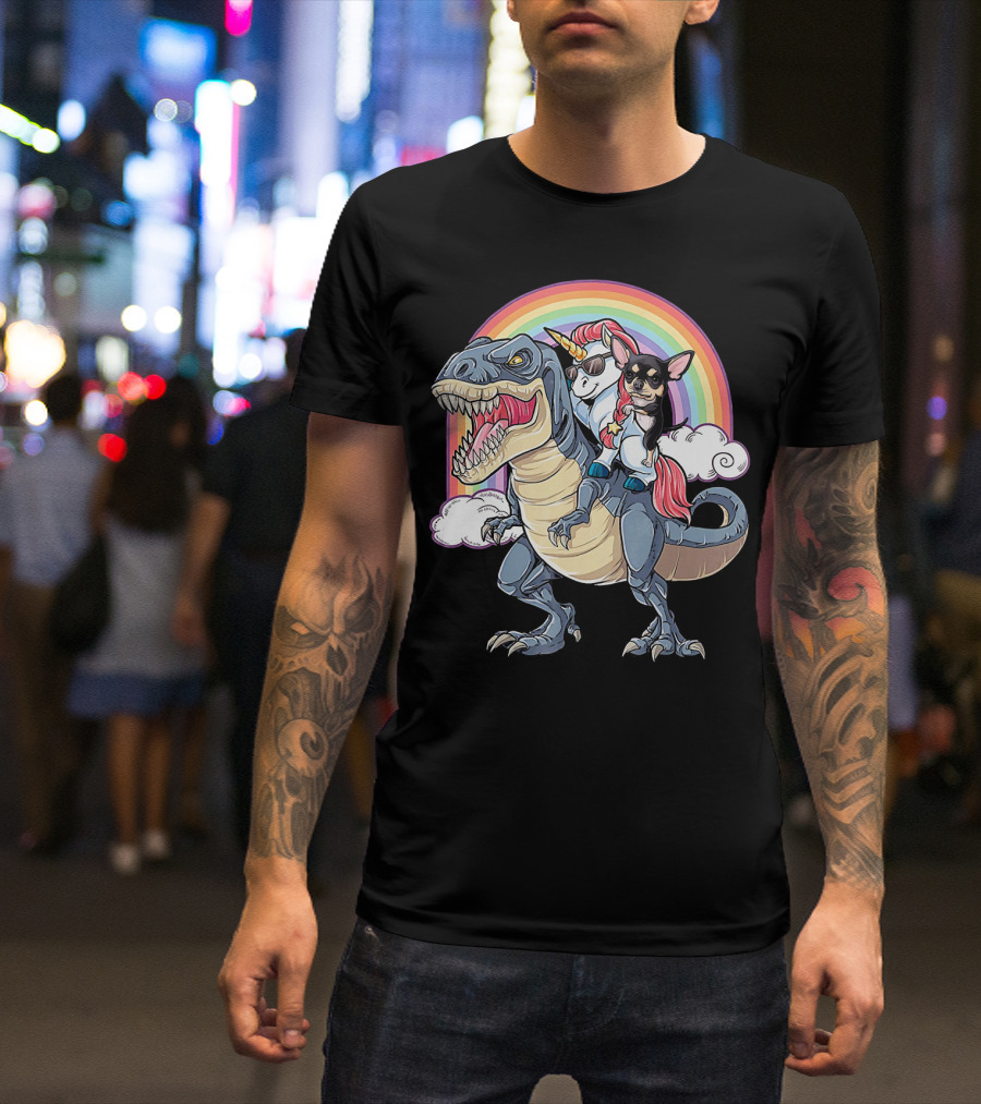 Chihuahua And Unicorn Ride Rex With Rainbow Magic T-Shirt