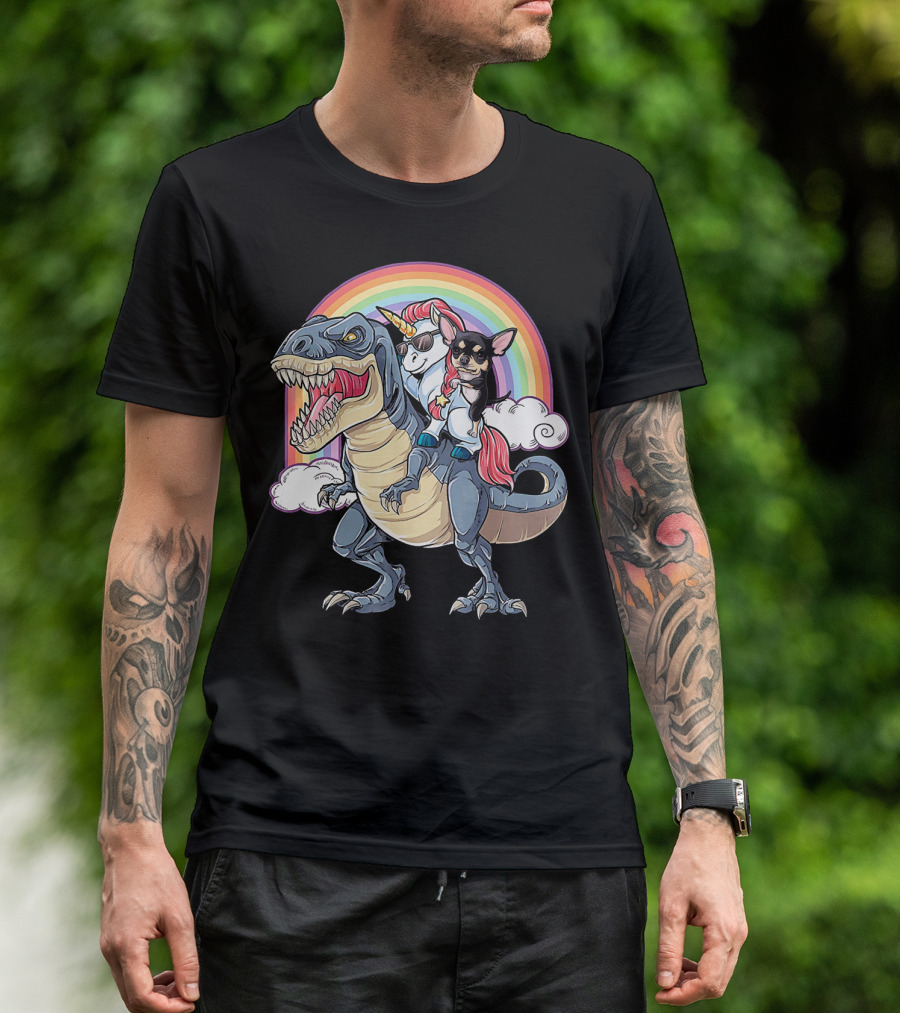 Chihuahua And Unicorn Ride Rex With Rainbow Magic T-Shirt