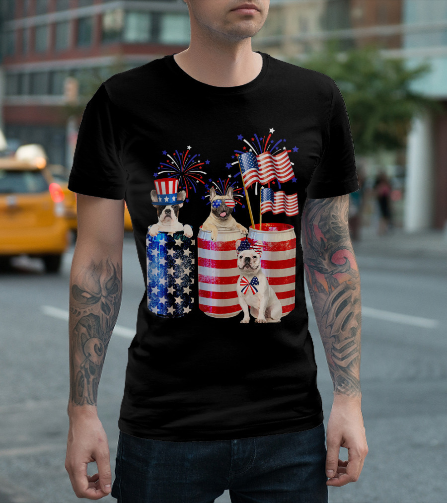 Patriotic French Bulldogs with American Flags and Fireworks T-Shirt