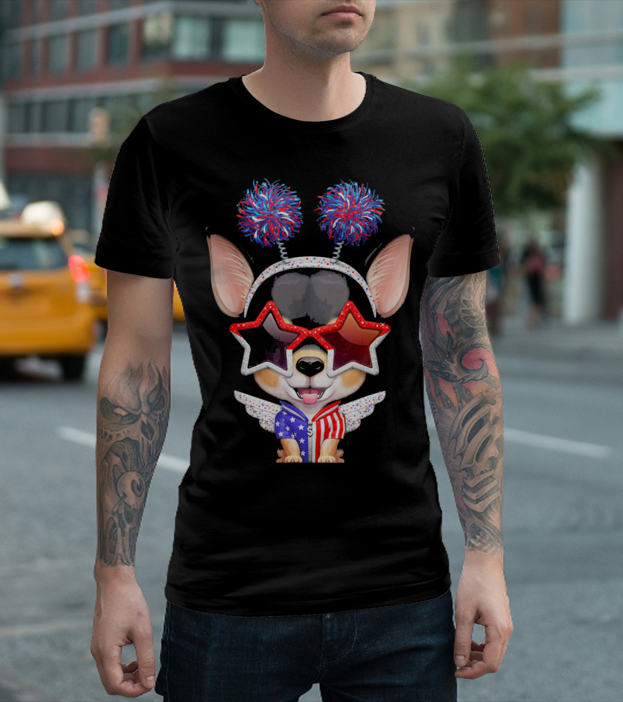 Black and Tan Shorthaired Chihuahua Independence Day Celebration with Star Glasses and Patriotic Colors T-Shirt