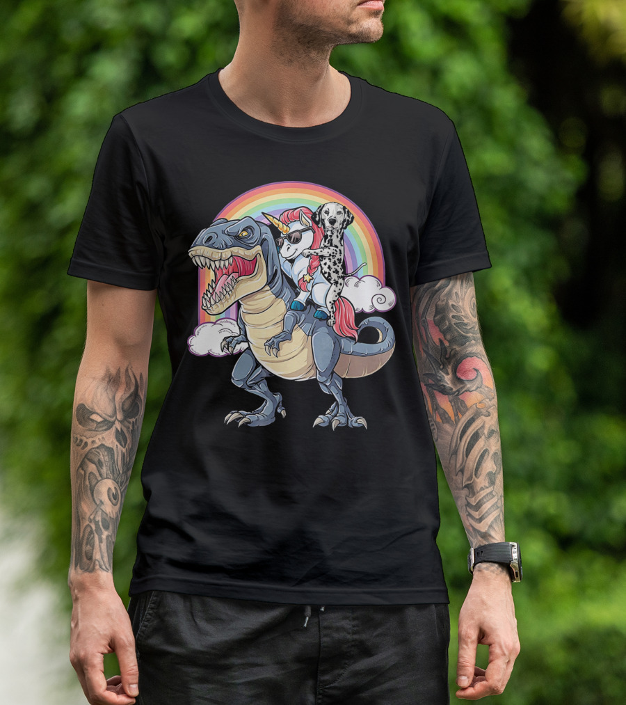 Dalmatian And Unicorn Ride Rex With Rainbow Adventure T-Shirt