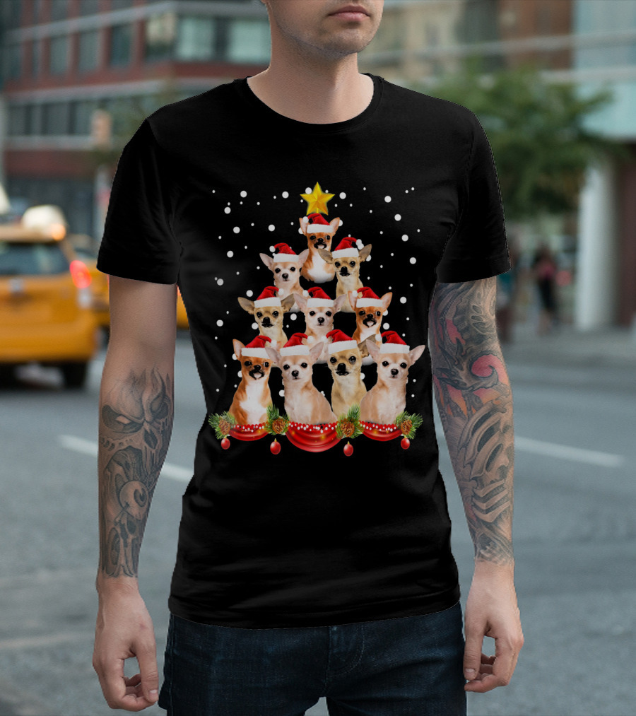 Chihuahua Christmas Tree Snowy Holiday Scene Santa Hats T-Shirt