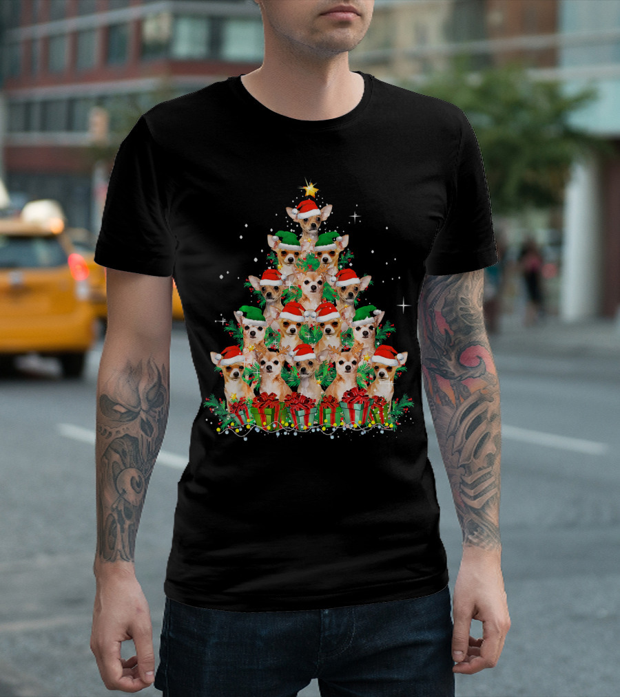 Cute Chihuahua Christmas Tree With Santa Hats And Presents T-Shirt