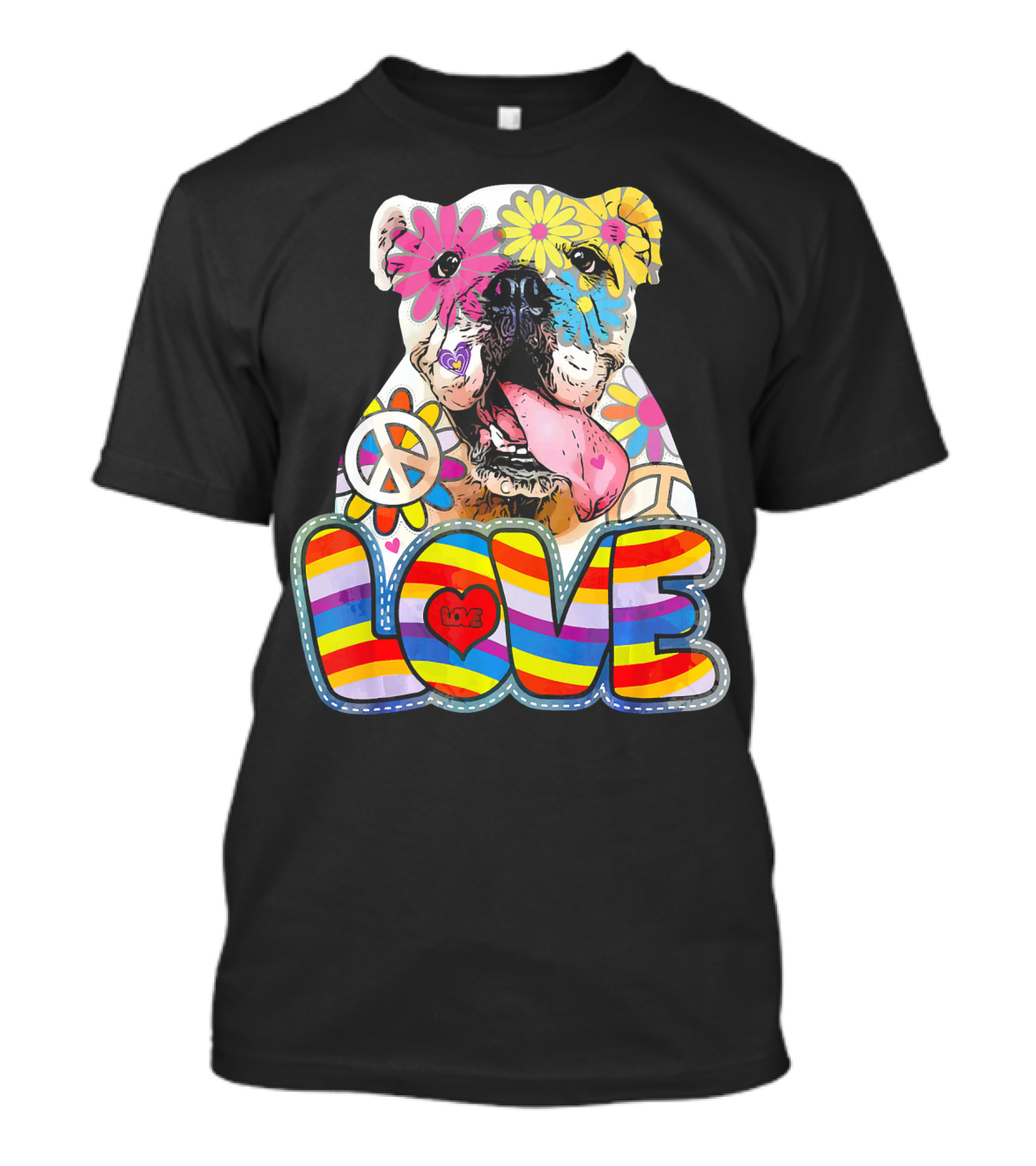 Colorful English Bulldog Peace Love Bull Rainbow Flowers T-Shirt