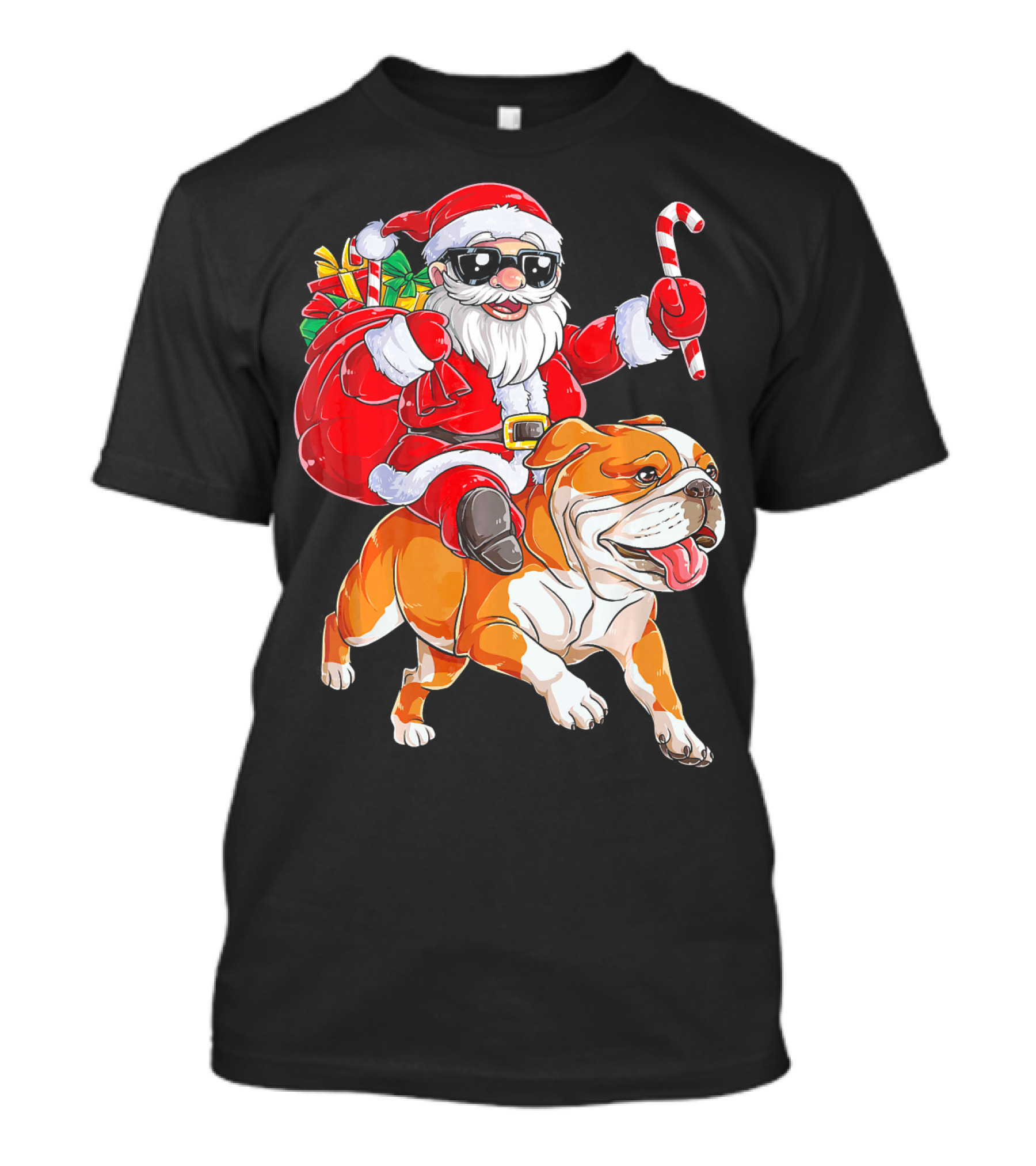 Christmas Santa Claus Riding English Bulldog With Gifts And Candy Cane T-Shirt