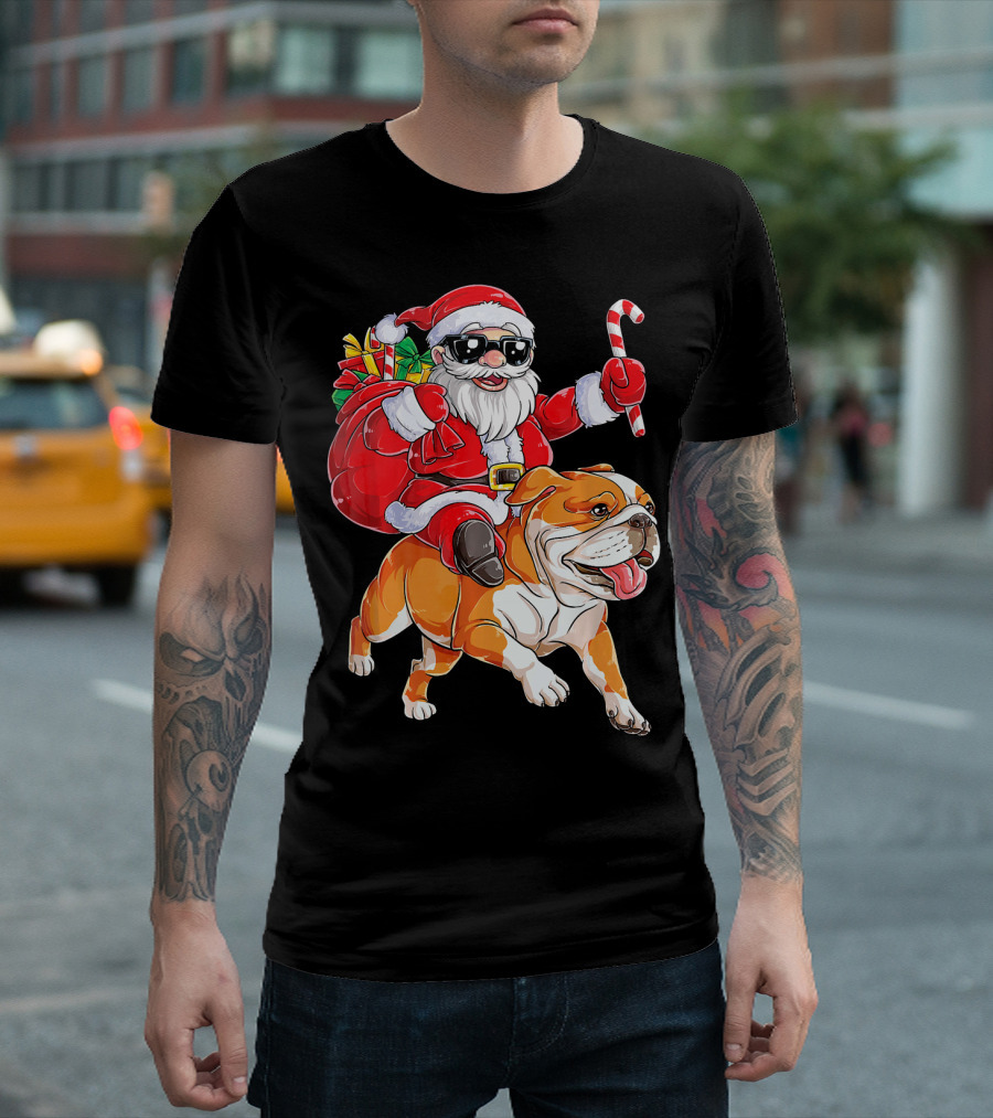 Christmas Santa Claus Riding English Bulldog With Gifts And Candy Cane T-Shirt