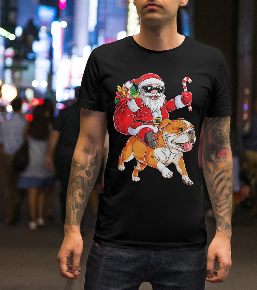 Christmas Santa Claus Riding English Bulldog With Gifts And Candy Cane T-Shirt