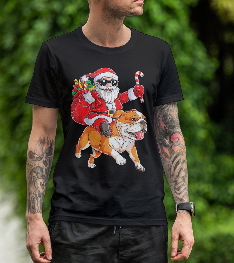 Christmas Santa Claus Riding English Bulldog With Gifts And Candy Cane T-Shirt