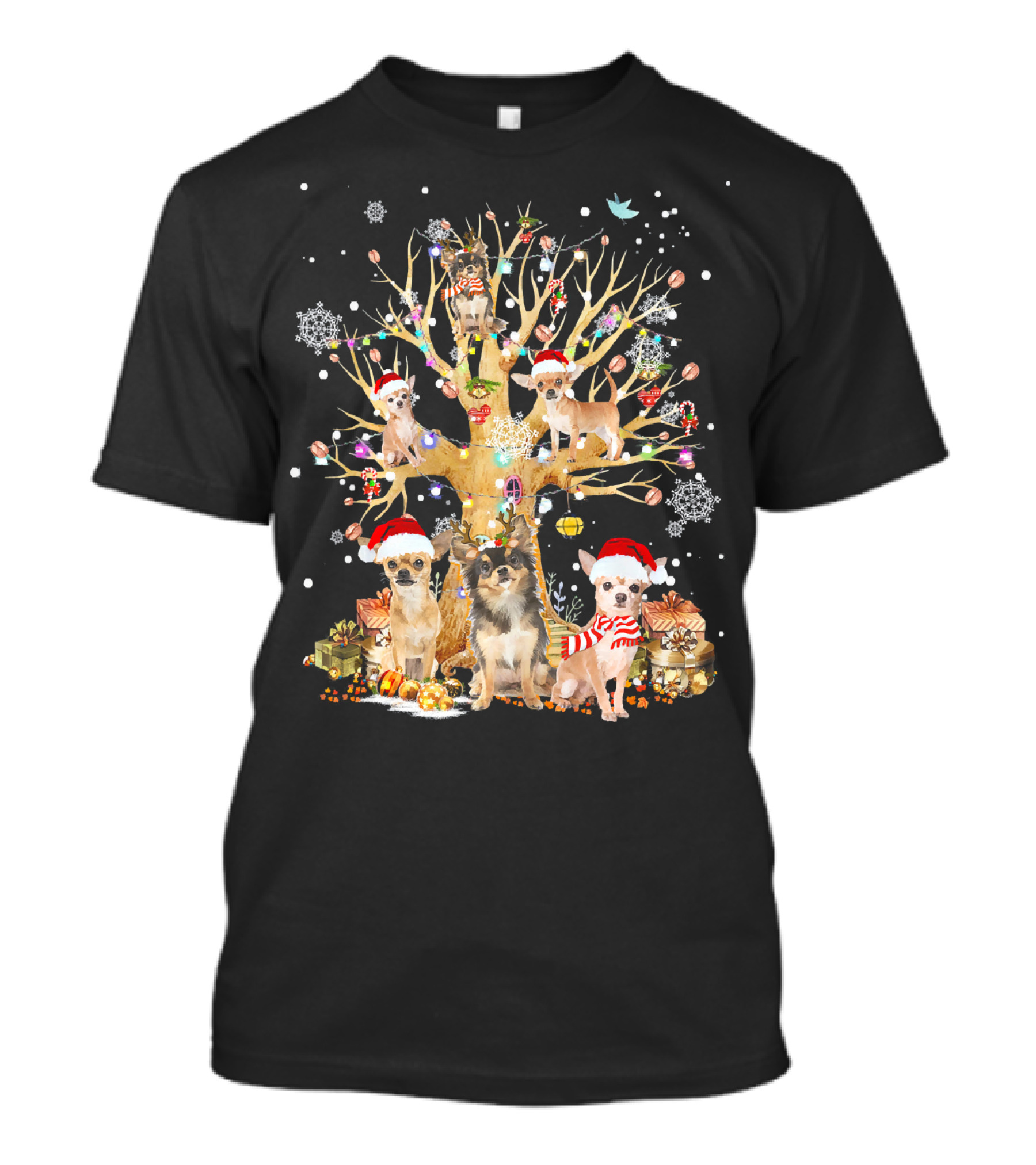 Chihuahua Christmas Tree In Santa Hats With Presents And Decorations T-Shirt