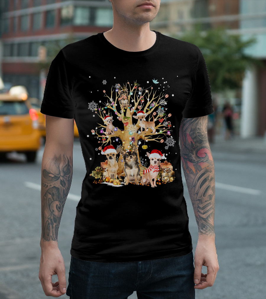 Chihuahua Christmas Tree In Santa Hats With Presents And Decorations T-Shirt