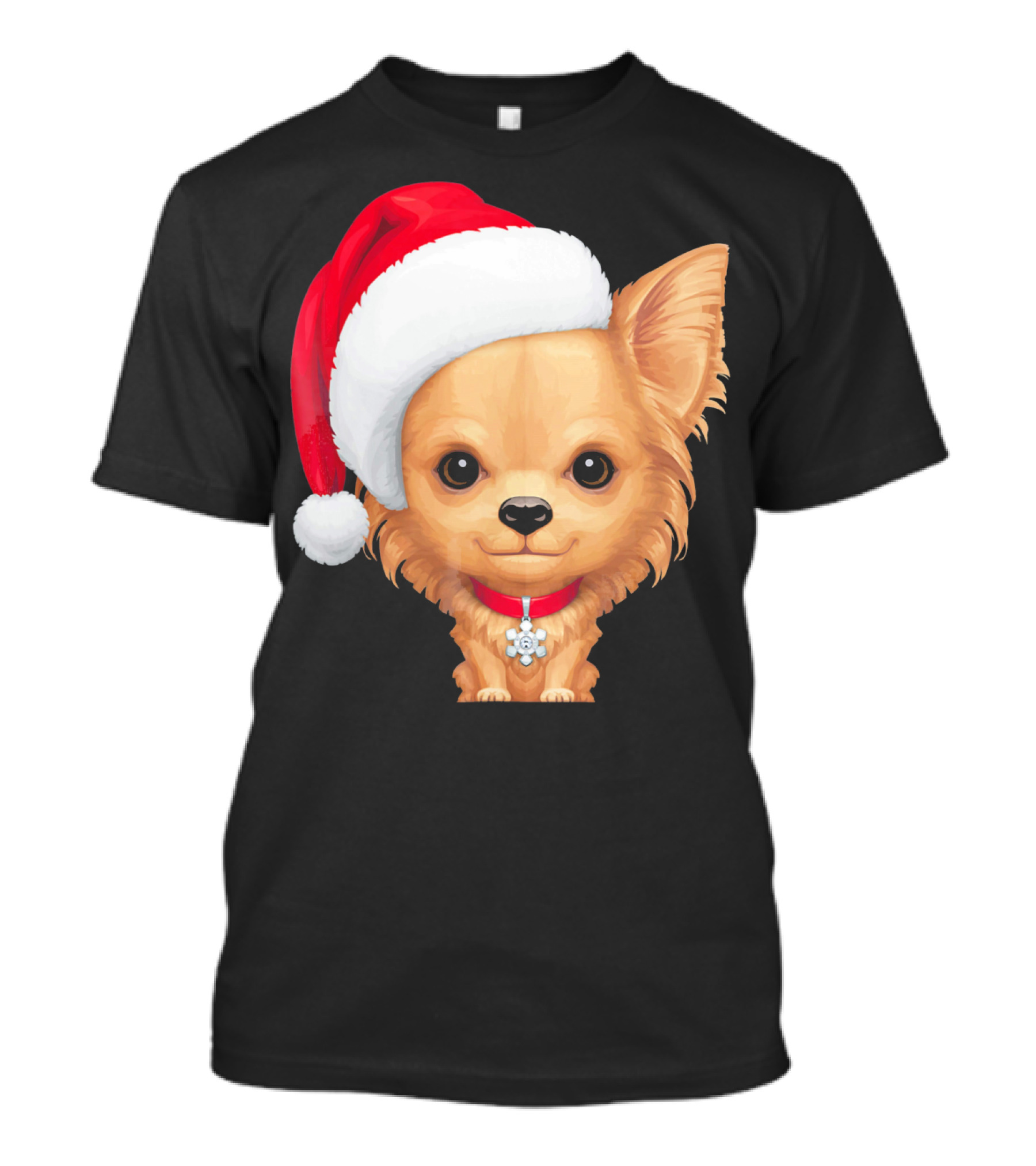 Cream Long Coat Chihuahua Wearing Santa Hat With Red Collar And Charm T-Shirt