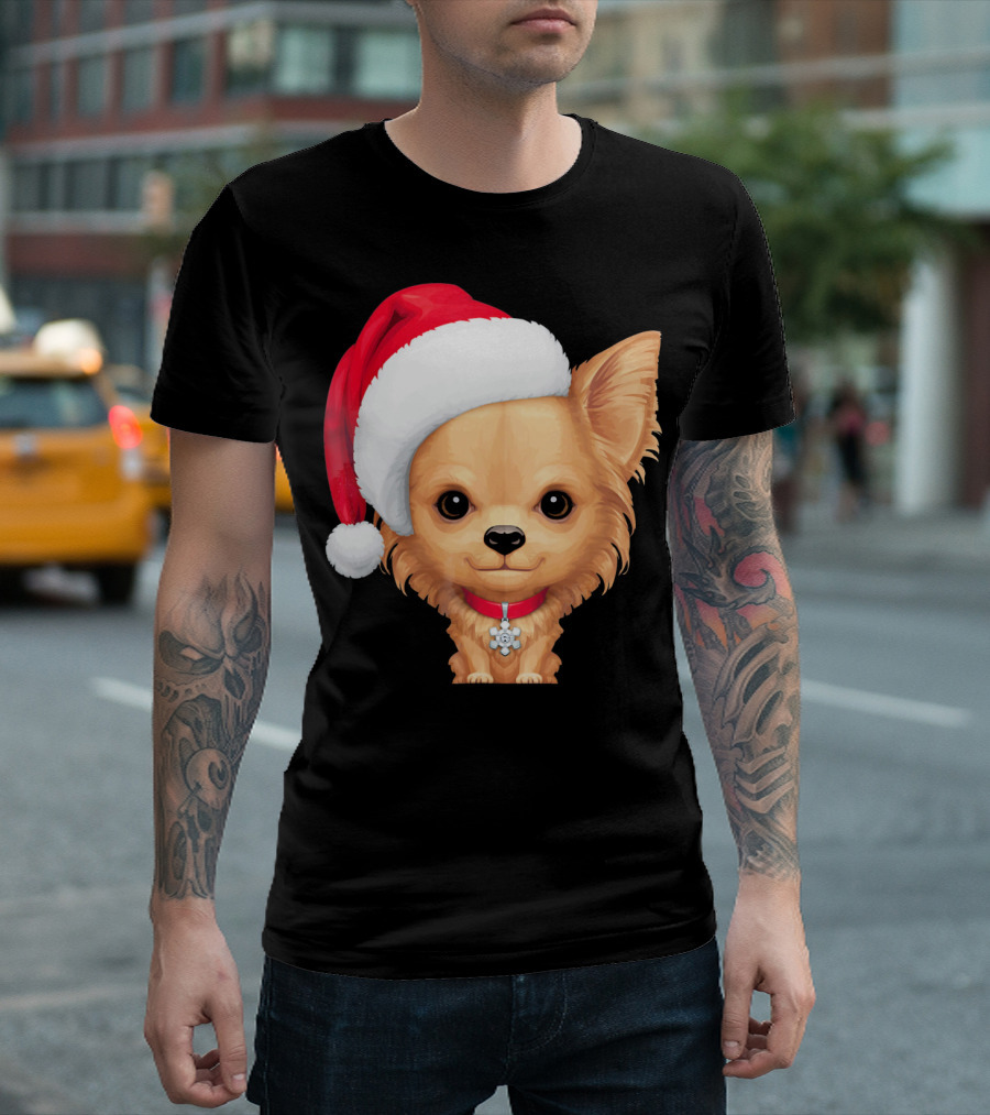 Cream Long Coat Chihuahua Wearing Santa Hat With Red Collar And Charm T-Shirt