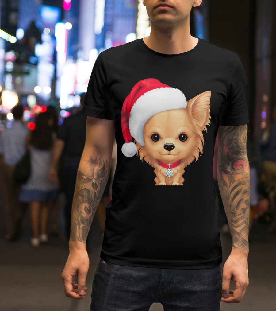 Cream Long Coat Chihuahua Wearing Santa Hat With Red Collar And Charm T-Shirt