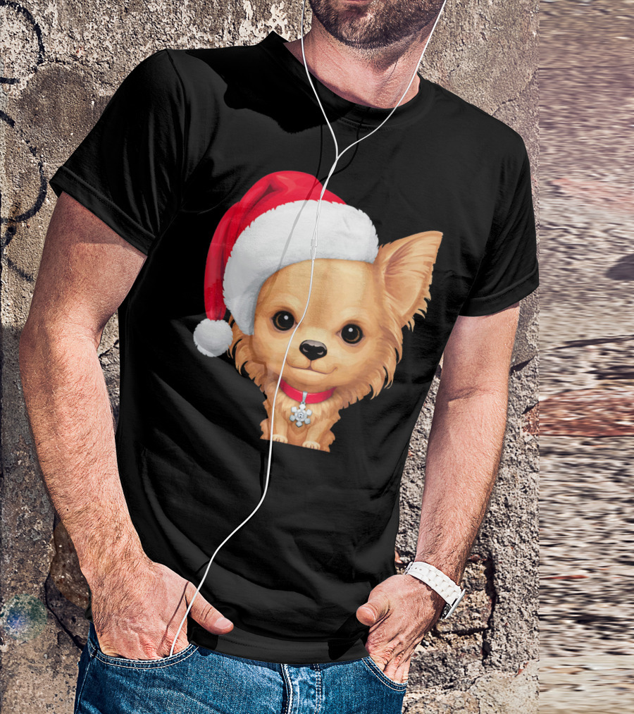 Cream Long Coat Chihuahua Wearing Santa Hat With Red Collar And Charm T-Shirt