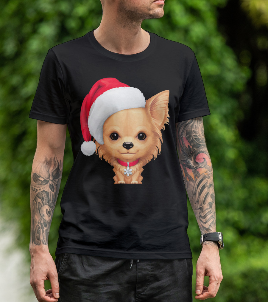 Cream Long Coat Chihuahua Wearing Santa Hat With Red Collar And Charm T-Shirt