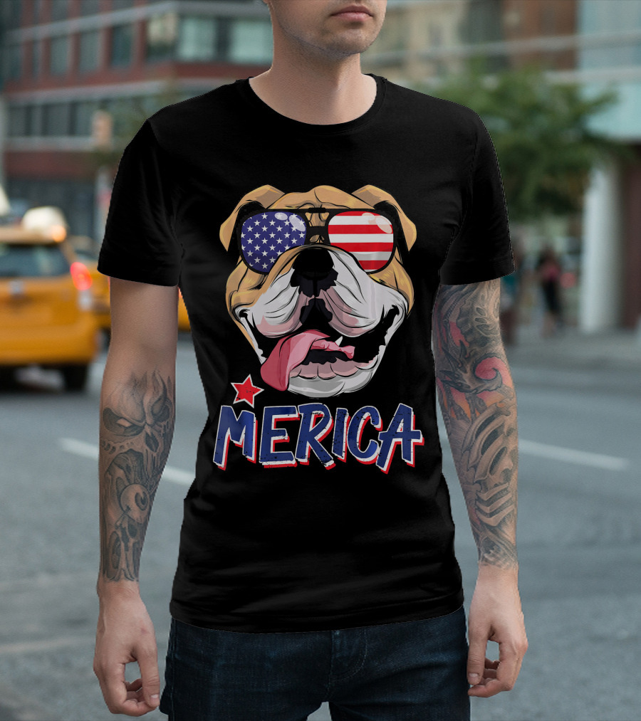 English Bulldog Merica Sunglasses 4th Of July T-Shirt