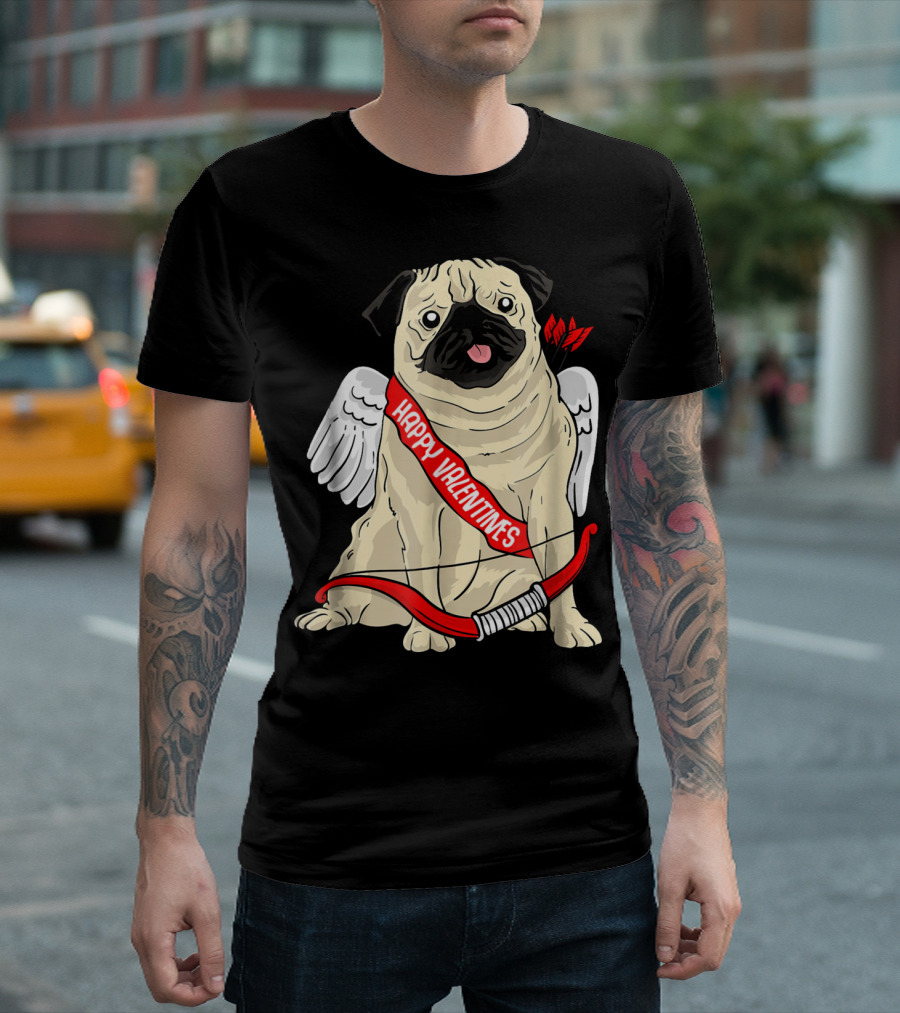 Happy Valentines Cupid Pug with Bow and Wings T-Shirt