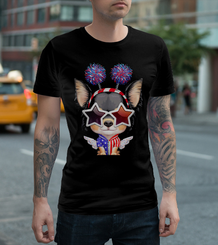 Patriotic Star Sunglasses Chihuahua with Red White Blue Accessories T-Shirt
