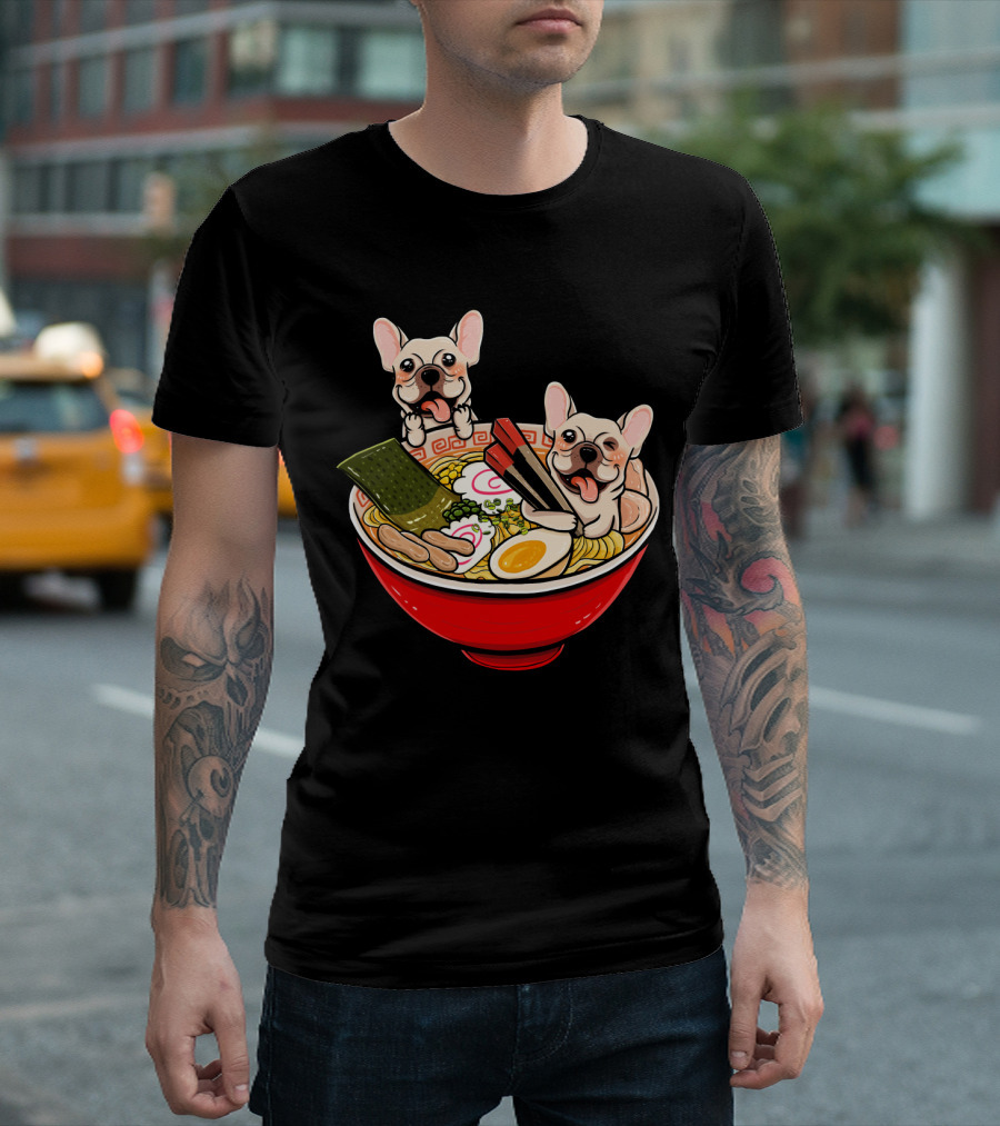 Cream French Bulldog Ramen Bowl with Japanese Noodles and Toppings T-Shirt