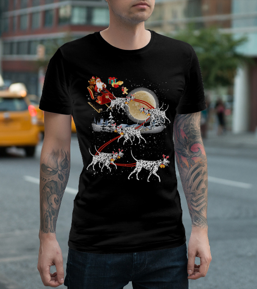 Santa Claus Riding Sleigh Pulled by Dalmatian Reindeer on Christmas Night T-Shirt