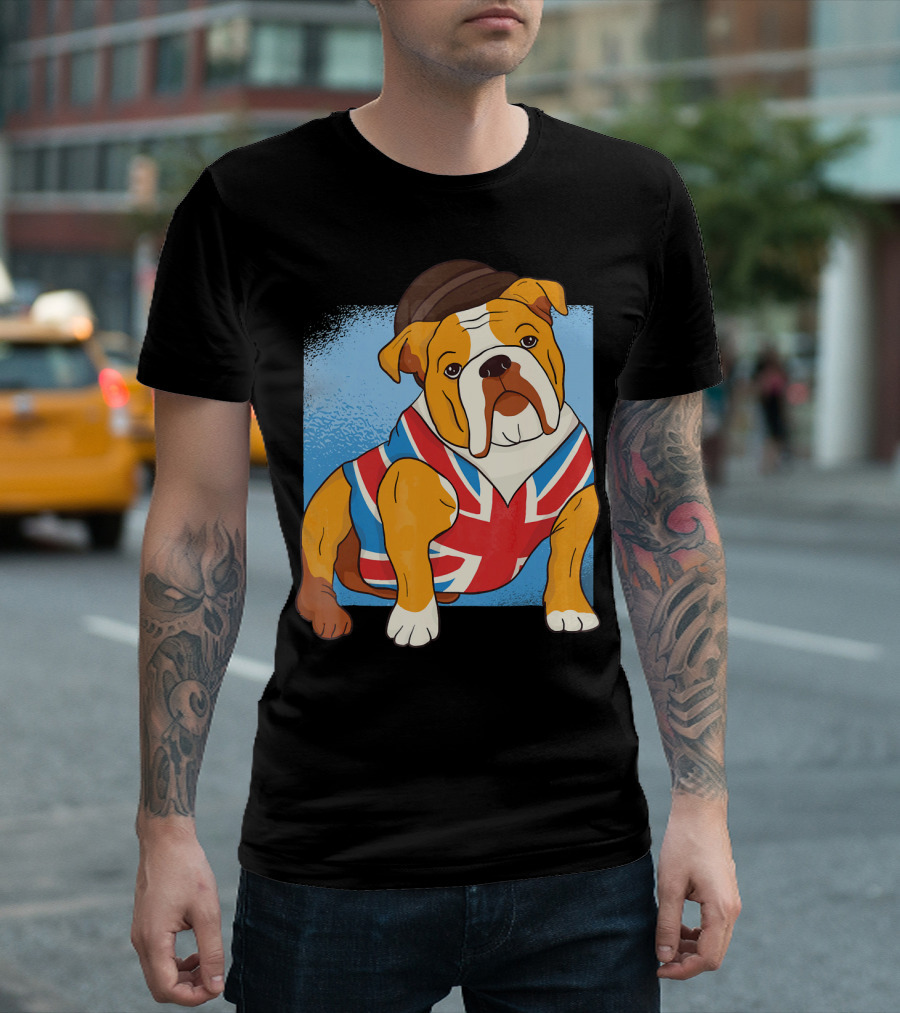 English British Bulldog Wearing Union Jack And Bowler Hat For Funny Dog Owners T-Shirt