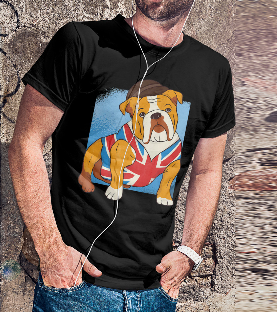 English British Bulldog Wearing Union Jack And Bowler Hat For Funny Dog Owners T-Shirt