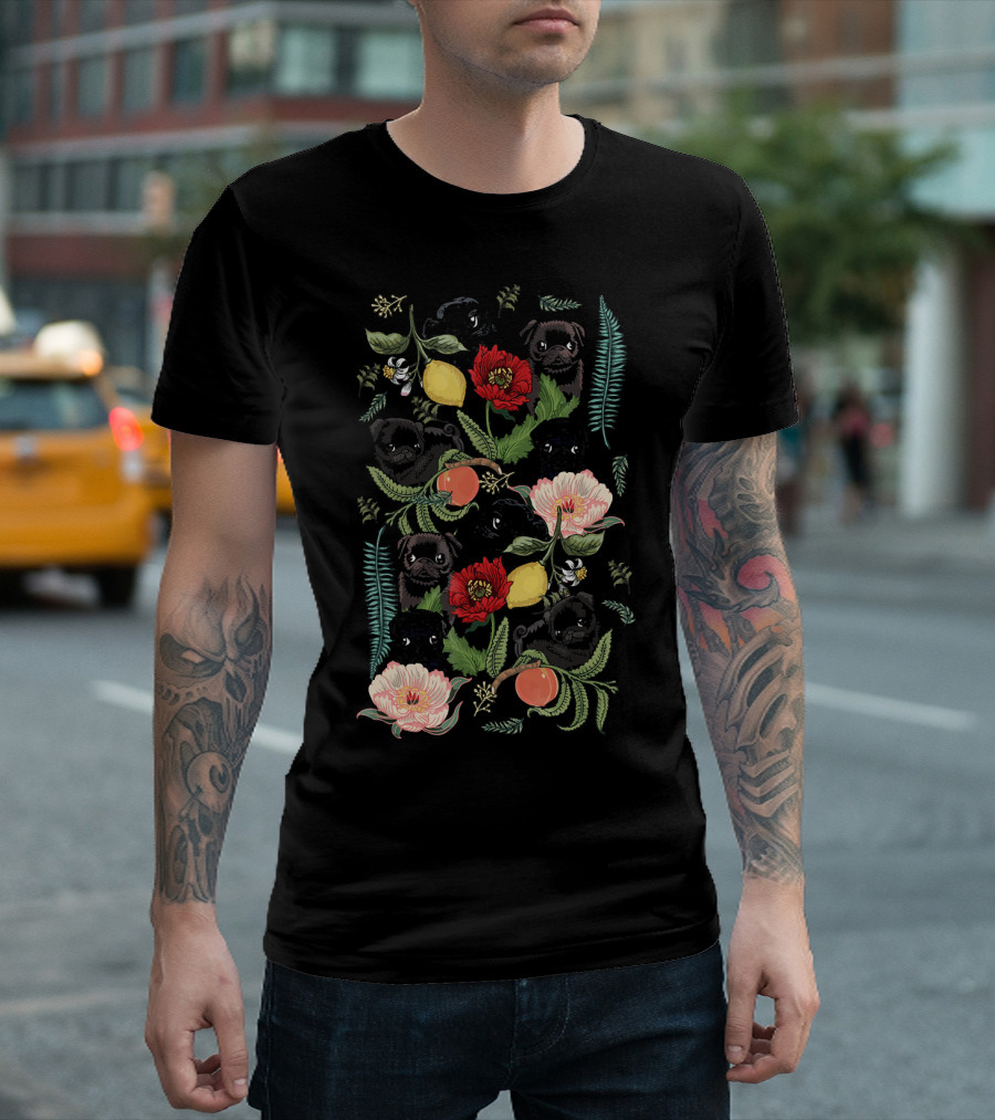 Botanical Pug Pattern with Floral and Fruit Elements T-Shirt